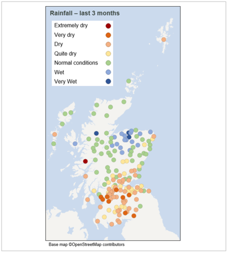 Map of Scotland showing rainfall from each monitoring station, relative to the long-term average, for this time of year over 3 months (winter).There has been below average rainfall (quite dry [yellow] to very dry [dark orange]) across much of southern Scotland. In northern Scotland rainfall has generally been normal (green), with the Moray coast and parts of Aberdeenshire experiencing wet (light blue) to very wet (dark blue) conditions.   