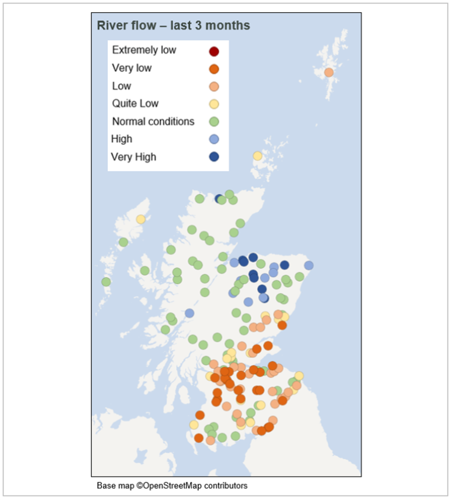 Maps of Scotland showing river flows from each monitoring station, over winter, relative to the long-term average for this time of year.  low (light orange) to very low (dark orange) river flows across the winter period for southern Scotland. Moray coast and parts of Aberdeenshire, normal (green) to very high (dark blue) flows. Shetland low flows (light orange).  